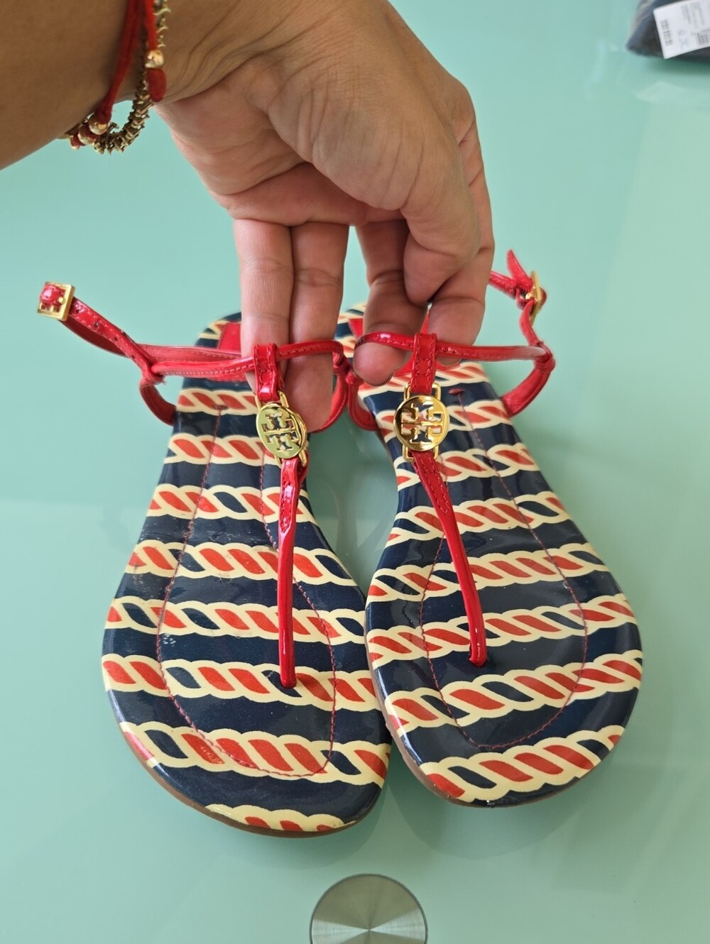 Tory Burch Red Patent T-Strap Sandals with Navy & Cream Rope Print